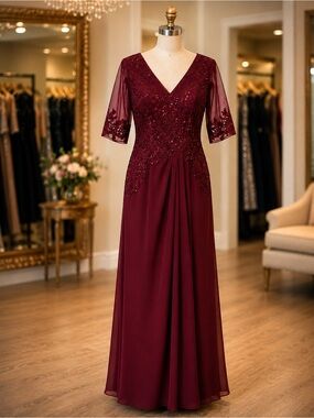 Elegant V-Neck Burgundy Evening Dress with Sheer Embellished Sleeves